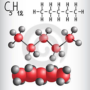 Chemical formula and molecule model of Pentane C5H12