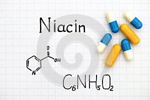 Chemical formula of Niacin with some pills.