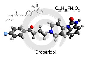 Chemical formula, skeletal formula, and ball-and-stick model of antipsychotic drug droperidol photo