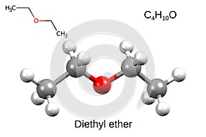 Chemical formula, skeletal formula and 3D ball-and-stick model of diethyl ether, white background
