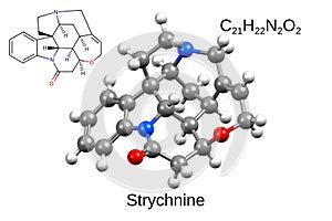 Chemical formula, skeletal formula and 3D ball-and-stick model of alkaloid strychnine