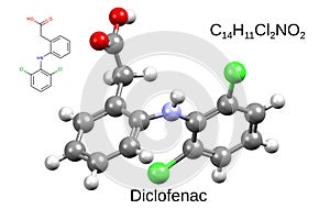 Chemical formula, skeletal formula, and 3D ball-and-stick model of the anti-inflammatory drug diclofenac, white background