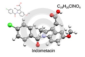 Chemical formula, skeletal formula, and 3D ball-and-stick model of the anti-inflammatory drug indometacin, white background