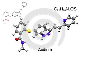 Chemical formula, skeletal formula and 3D ball-and-stick model of a chemotherapeutic drug axitinib, white background