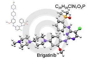 Chemical formula, skeletal formula and 3D ball-and-stick model of a chemotherapeutic drug brigatinib, white background
