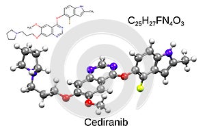 Chemical formula, skeletal formula and 3D ball-and-stick model of a chemotherapeutic drug cediranib