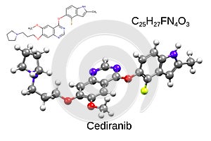 Chemical formula, skeletal formula and 3D ball-and-stick model of a chemotherapeutic drug cediranib, white background