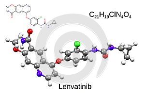 Chemical formula, skeletal formula and 3D ball-and-stick model of a chemotherapeutic drug lenvatinib