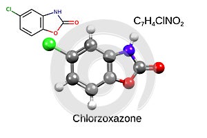 Chemical formula, skeletal formula and 3D ball-and-stick model of chlorzoxazone, white background