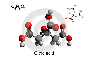 Chemical formula, skeletal formula and 3D ball-and-stick model of citric acid, white background