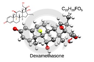 Chemical formula, skeletal formula and 3D ball-and-stick model of the glucocorticoid immunosuppressor dexamethasone