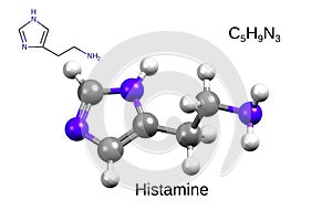 Chemical formula, skeletal formula and 3D ball-and-stick model of histamine, white background