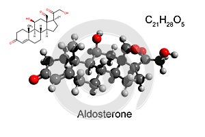 Chemical formula, skeletal formula and 3D ball-and-stick model of the hormone aldosterone, white background