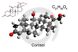 Chemical formula, skeletal formula and 3D ball-and-stick model of the hormone cortisol, white background