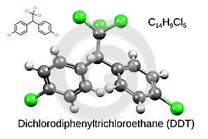 Chemical formula, skeletal formula, and 3D ball-and-stick model of insecticide dichlorodiphenyltrichloroethane (DDT)