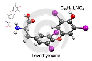 Chemical formula, skeletal formula and 3D ball-and-stick model of levothyroxine