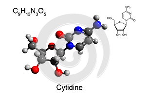 Chemical formula, skeletal formula, and 3D ball-and-stick model of nucleoside cytidine, white background