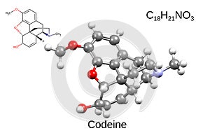 Chemical formula, skeletal formula, and 3D ball-and-stick model of opiate codeine, white background