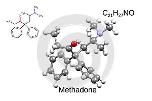 Chemical formula, skeletal formula and 3D ball-and-stick model of synthetic opioid agonist methadone