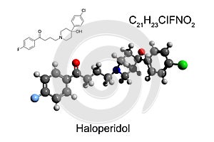 Chemical formula, skeletal formula, and ball-and-stick model of antipsychotic drug haloperidol