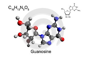 Chemical formula, skeletal formula, and 3D ball-and-stick model of nucleoside guanosine photo