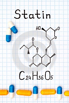Chemical formula of Statin with some pills photo