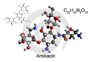 Chemical formula, structural formula and 3D ball-and-stick model of antibiotic amikacin