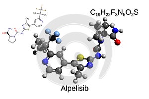 Chemical formula, structural formula and 3D ball-and-stick model of the anticancer drug alpelicib, white background