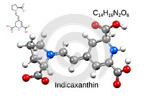 Chemical formula, structural formula and 3D ball-and-stick model of indicaxanthin, a plant pigment, white background