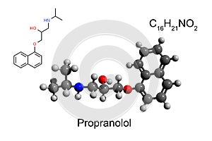 Chemical formula, structural formula and 3D ball-and-stick model of propranolol