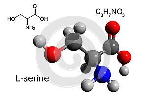 Chemical formula, structural formula and 3D ball-and-stick model of serine