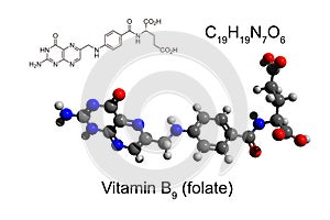 Chemical formula, structural formula and 3D ball-and-stick model of vitamin B9 folate, white background