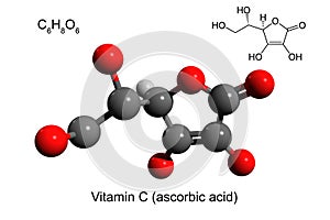 Chemical formula, structural formula and 3D ball-and-stick model of vitamin C ascorbic acid, white background