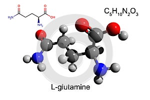 Chemical formula, structural formula and 3D ball-and-stick model of L-glutamine photo
