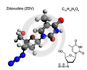 Chemical formula and structure of zidovudine ZDV, also known as azidothymidine AZT, an antiretroviral medication photo