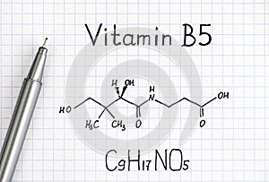 Chemical formula of Vitamin B5 and pen.