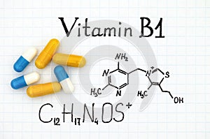 Chemical formula of Vitamin B1 and pills