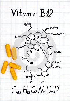 Chemical formula of Vitamin B12 and yellow pills.