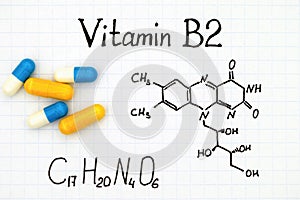 Chemical formula of Vitamin B2 and pills.