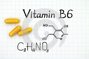 Chemical formula of Vitamin B6 with yellow pills.
