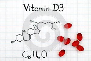 Chemical formula of Vitamin D3 and pills