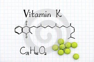 Chemical formula of Vitamin K and pills.