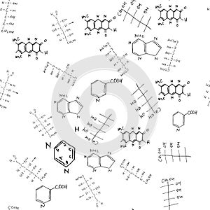 Chemical formulas. Scientific, educational background. Seamless pattern. Vector on white.