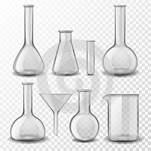 Chemical glass equipment. Laboratory glassware empty test tubes beaker and flask, medical lab experiment instruments 3d photo