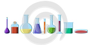 Chemical glassware with bright colorful solutions set isolated on white background.