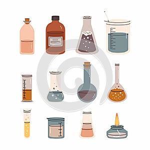 Chemical glassware with bright colorful solutions set isolated on white background