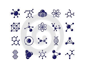 Chemical icons. Molecular formula structure. Molecule pictogram. Bio protein logo. DNA and atom. Chemistry science