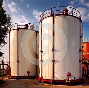 Chemical industrial storage tanks for liquid in a factory warehouse plant