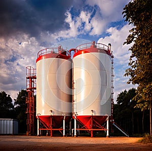 Chemical industrial storage tanks for liquid in a factory warehouse plant