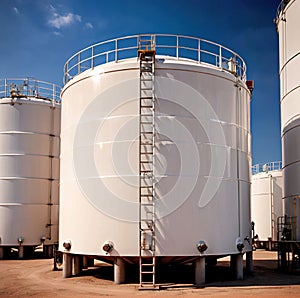 Chemical industrial storage tanks for liquid in a factory warehouse plant